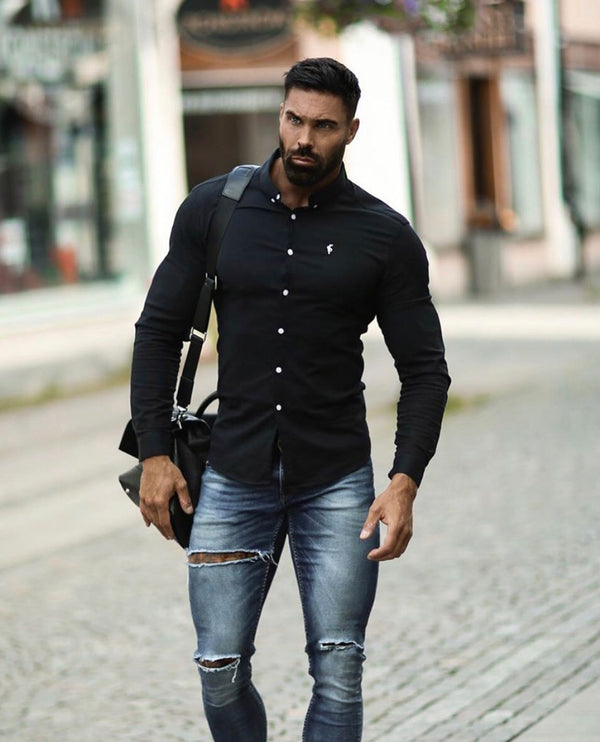 Father Sons Super Slim Stretch Classic Oxford Schwarz – FS302