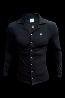 Vater-Sohn-Stretch-Hemd mit langem Revers, schwarzes Piqué – FSH1351