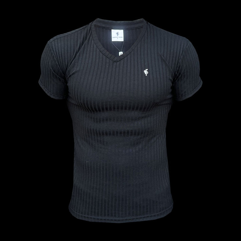 Father Sons Classic Schwarz/Silber V-Ausschnitt geripptes Rundhalsshirt – FSH1124