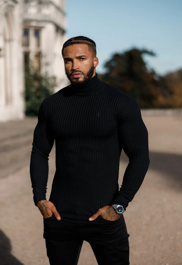 Klassischer schwarzer Rollkragenpullover aus geripptem Strick von Father Sons – FSH952