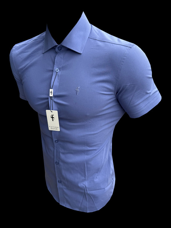 Vater-Söhne-Muscle-Fit-Shirt mit fortschrittlichem Stretch, mittelblau, kurzärmlig, mit Cutaway-Kragen – FS1203