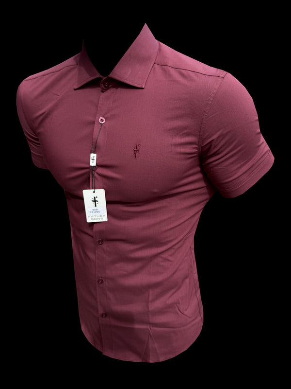 Vater-Söhne-Muscle-Fit-Shirt mit fortschrittlichem Stretch, kurzärmlig, Oxblood, mit Cutaway-Kragen – FS1205
