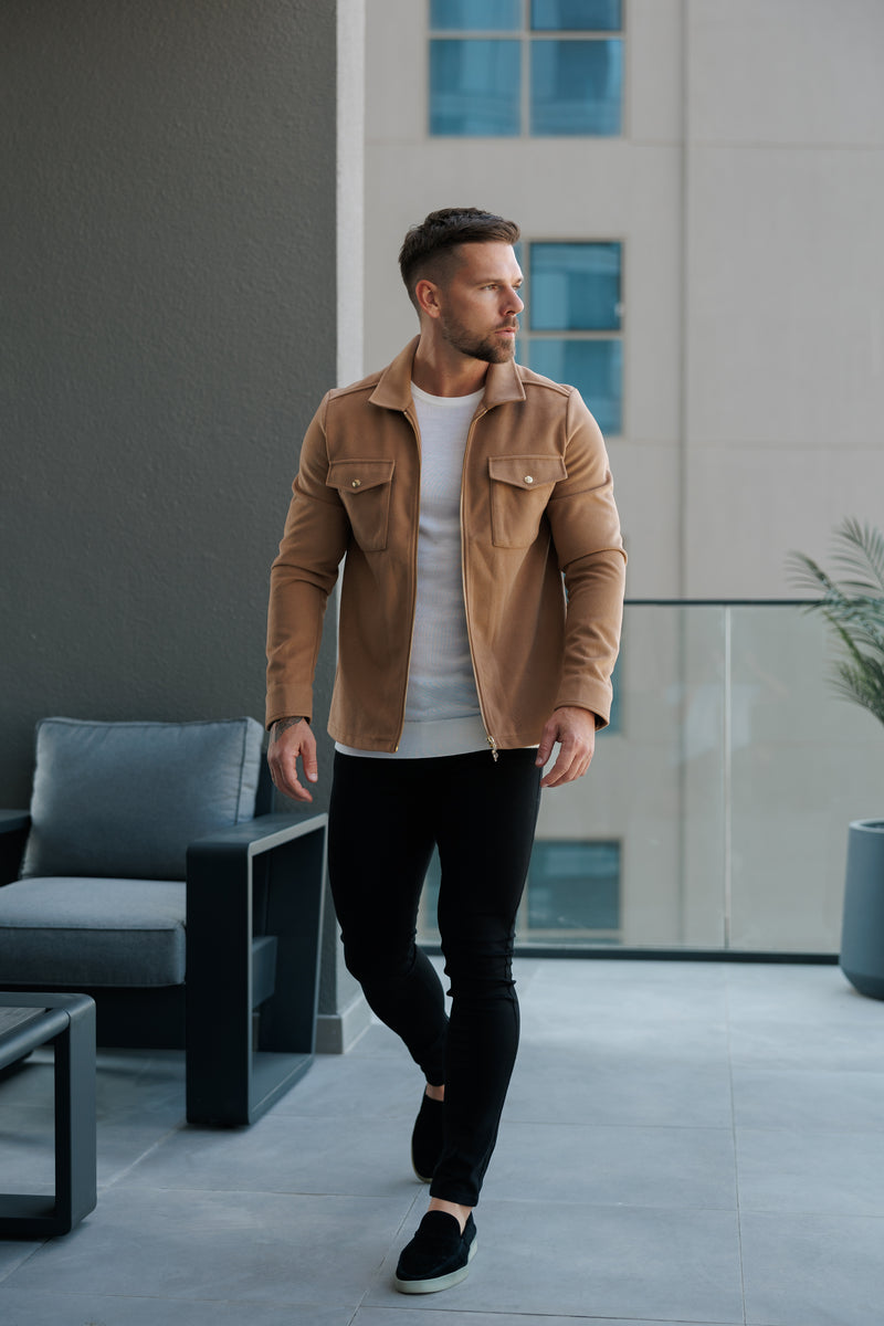 FS gebürstete, schlichte Jacke mit Reißverschluss, Taupe – FSN174 [Goldene Reißverschlüsse/Goldene Knöpfe]