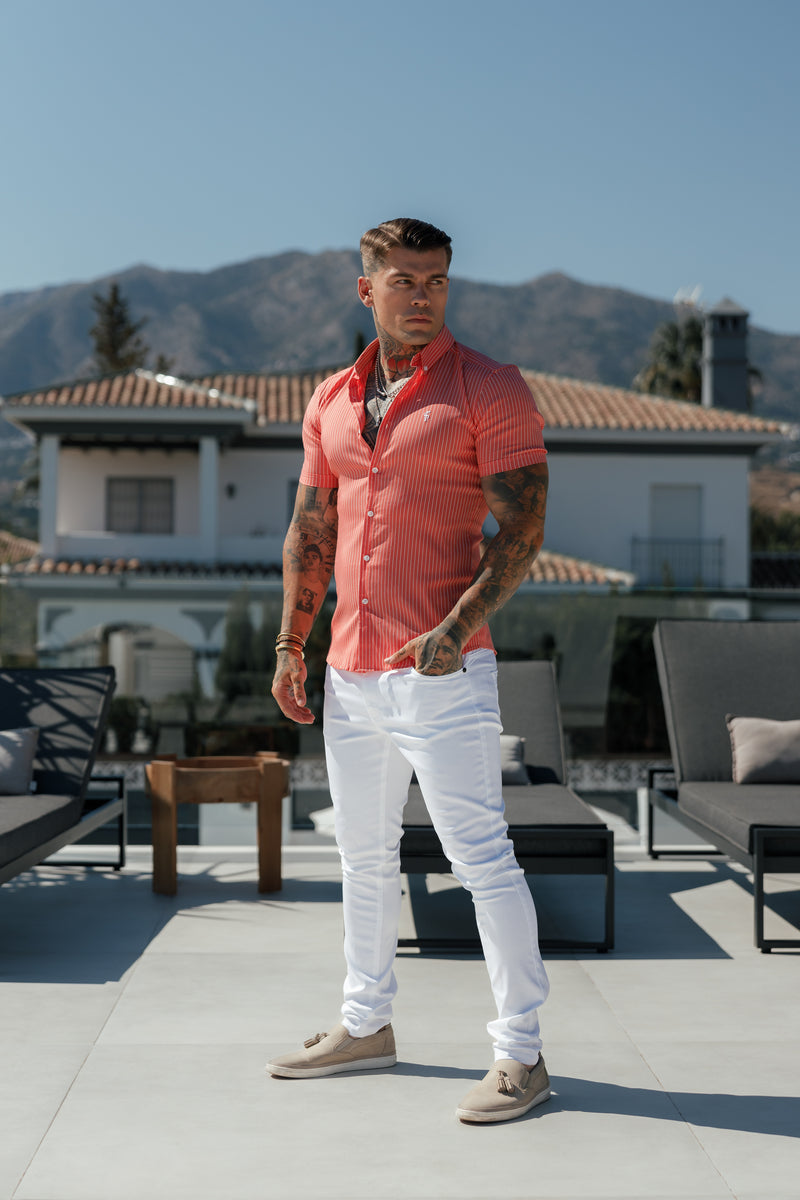 Father Sons Super Slim Stretch Coral Printed Pinstripe Short Sleeve with Button Down Collar - FS1062