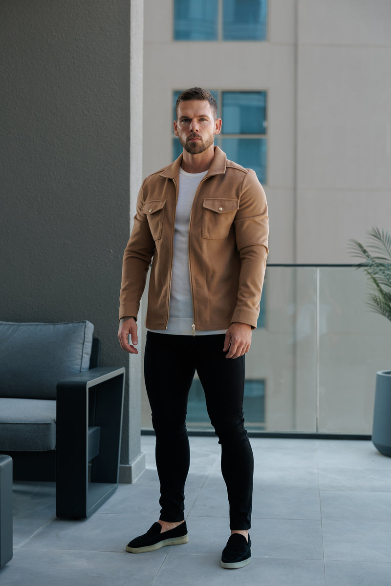 FS gebürstete, schlichte Jacke mit Reißverschluss, Taupe – FSN174 [Goldene Reißverschlüsse/Goldene Knöpfe]