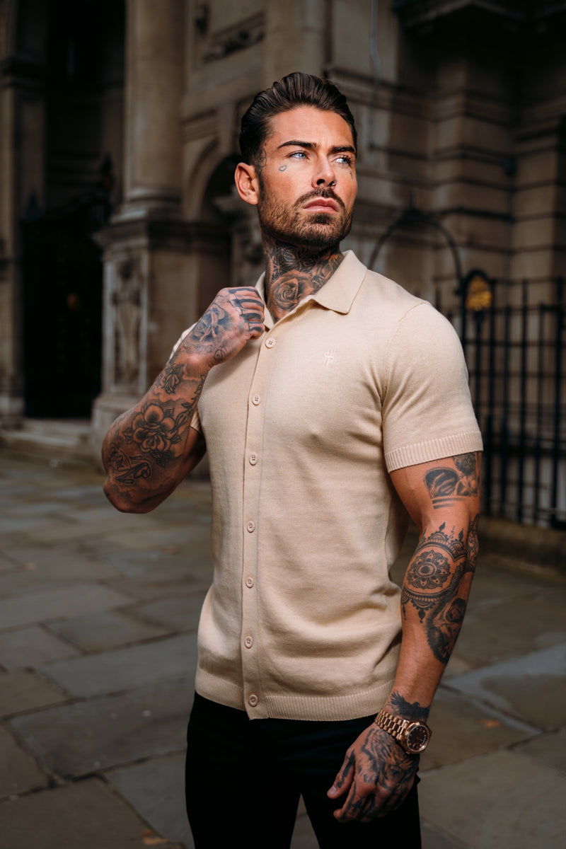 Father Sons Classic Plain Beige Knitted Button Through Polo Short Sleeve - FSN104