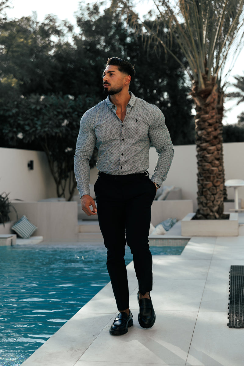 Vater-Söhne-Shirt, superschlank, dehnbar, schwarz/weiß, langärmlig, mit Rautenmuster und Button-Down-Kragen – FS1226