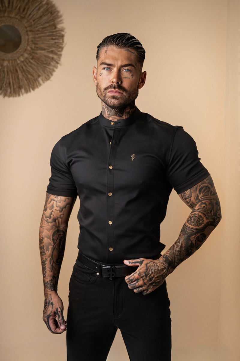 Father Sons Super Slim Stretch Black Denim Kurzarm-Opa-Kragen mit Metallknöpfen und Aufkleber-Emblem – FS708
