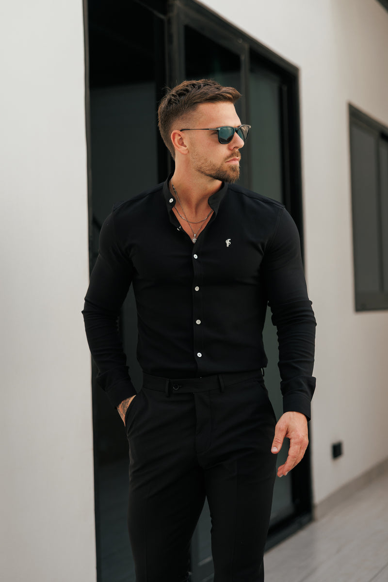 Vater-Söhne-Shirt, superschmal, Scuba, schwarz/silber, langärmlig, Stretch, mit Grandad-Kragen – FS1191