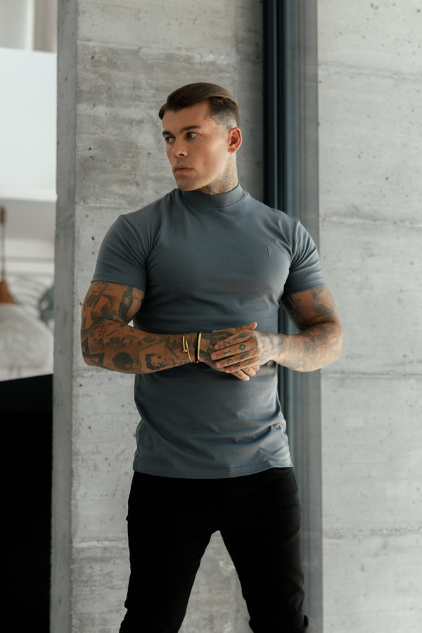 Geripptes T-Shirt mit Stehkragen und Rundhalsausschnitt, kurzärmlig, Anthrazit – FSH1115