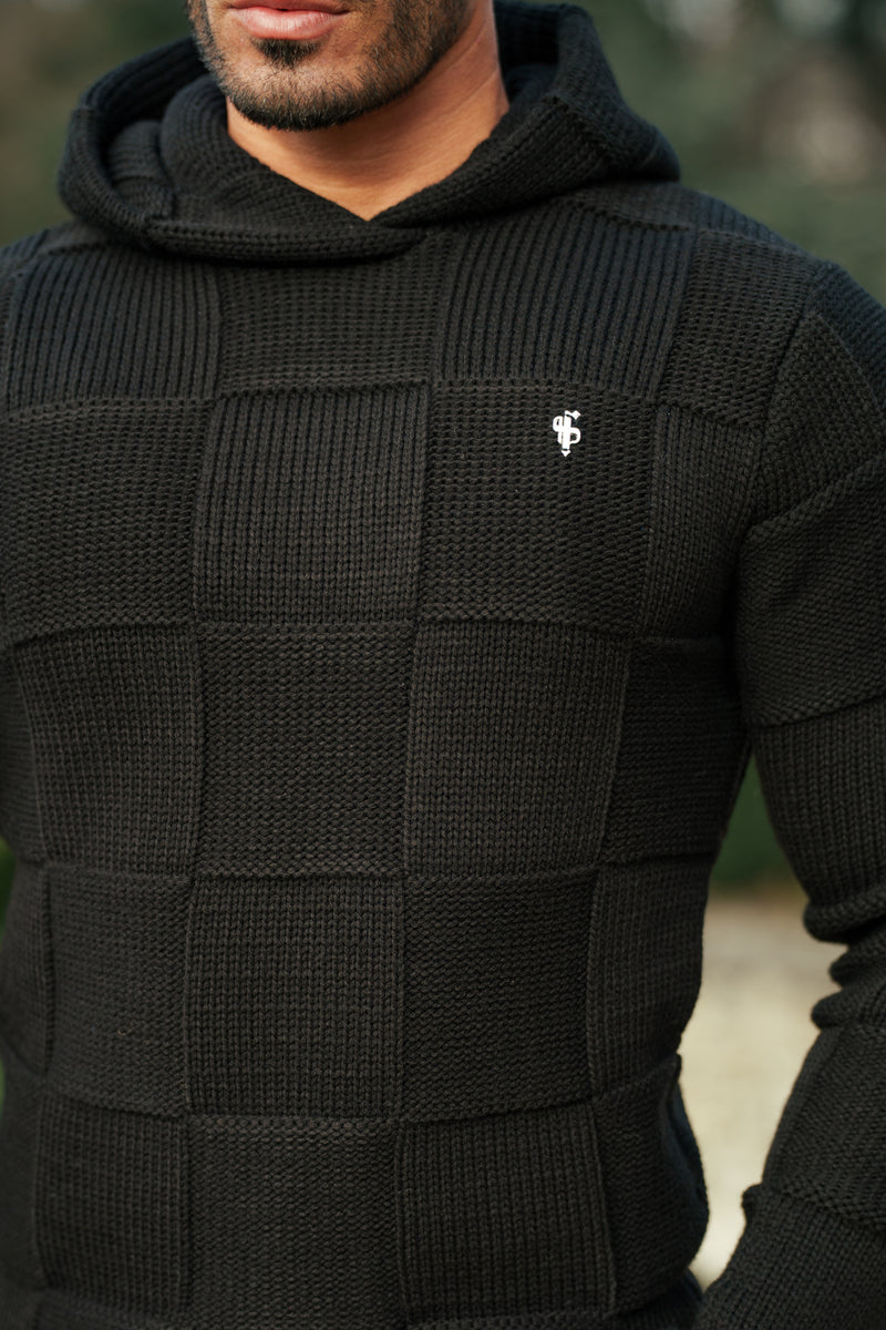 Father Sons Black Checkerboard Knitted Hoodie - FSJ135 (PRE ORDER 11TH DECEMBER)