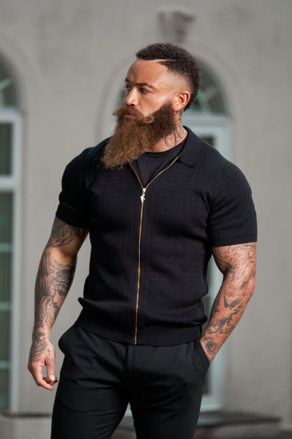 Father Sons Classic Knitted Geo Design With Full Length Zip Black Short Sleeve - FSN147 (PRE ORDER 21ST MAY)