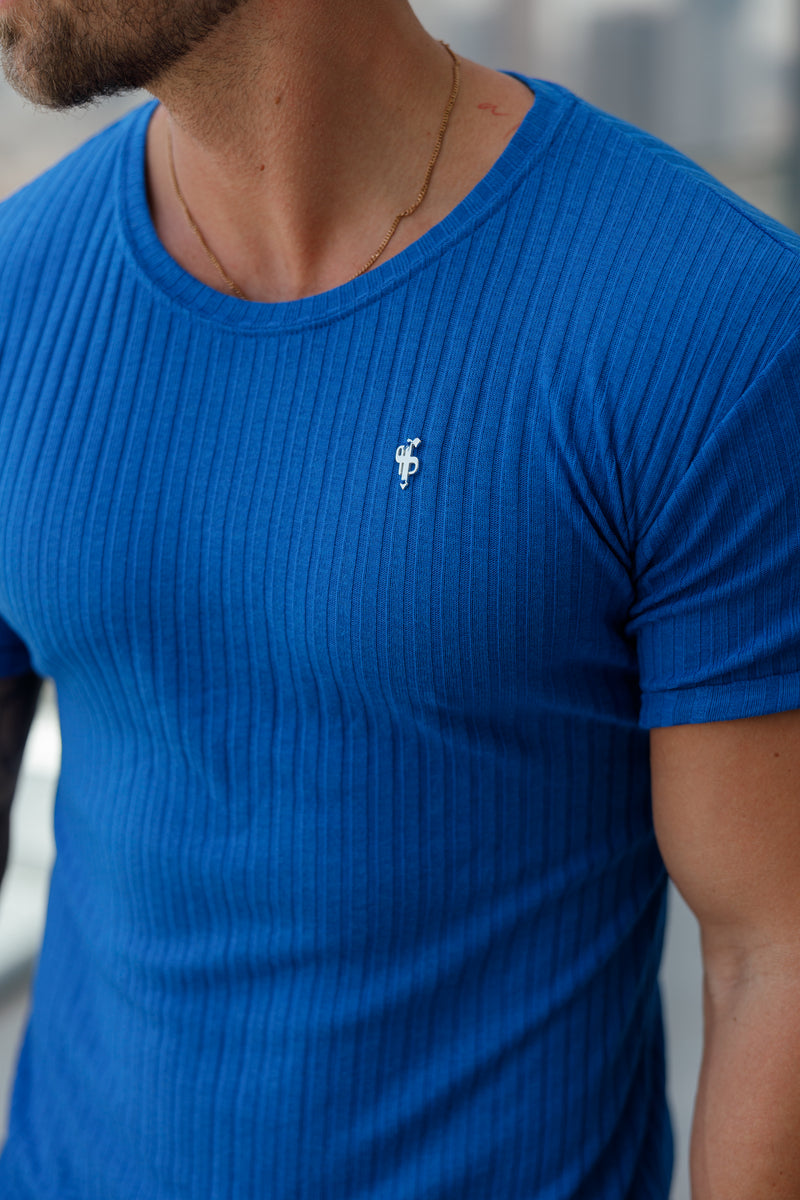 Father Sons – Klassisches, superschlankes, kurzärmliges Rippstrick-Shirt in Königsblau/Silber – FSH1091