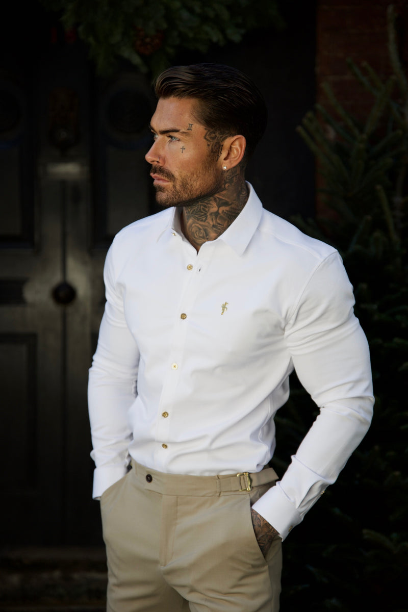 Father Sons Super Slim Stretch White Denim Langarm mit goldenem Metallaufkleber und Knöpfen – FS925