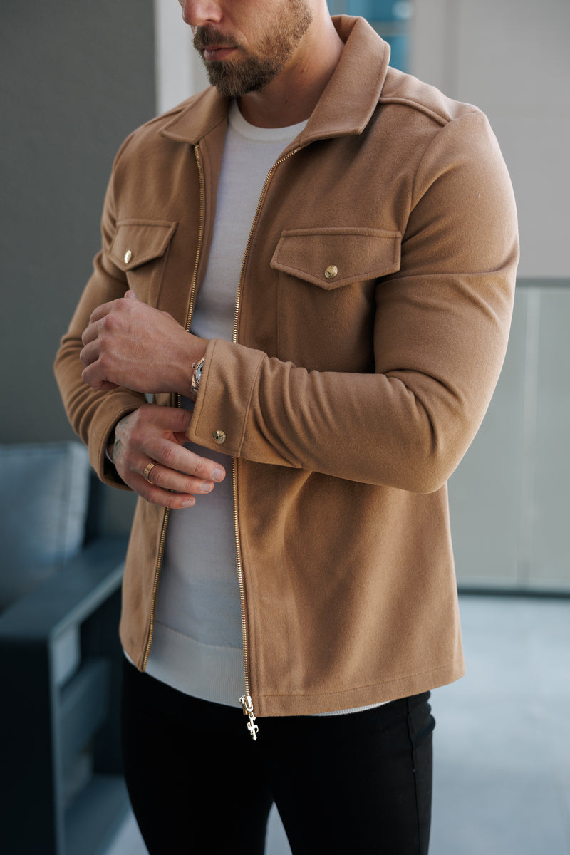FS gebürstete, schlichte Jacke mit Reißverschluss, Taupe – FSN174 [Goldene Reißverschlüsse/Goldene Knöpfe]