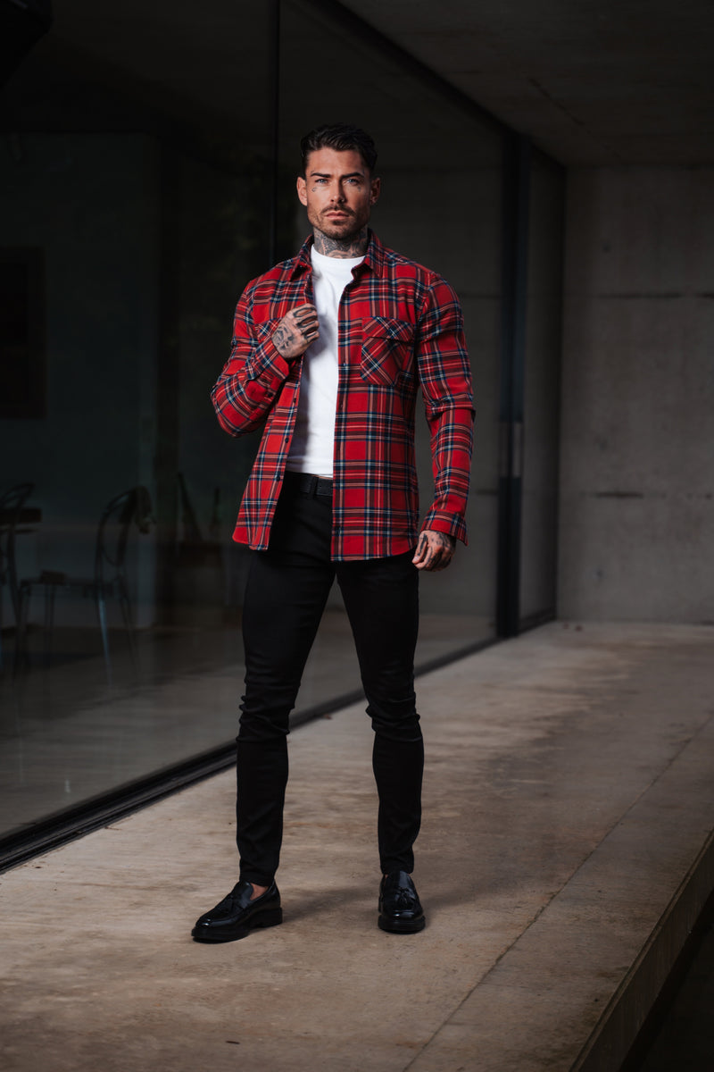 Vater Söhne Rot Tartan Check Shacket mit Doppeltaschen - FS1036