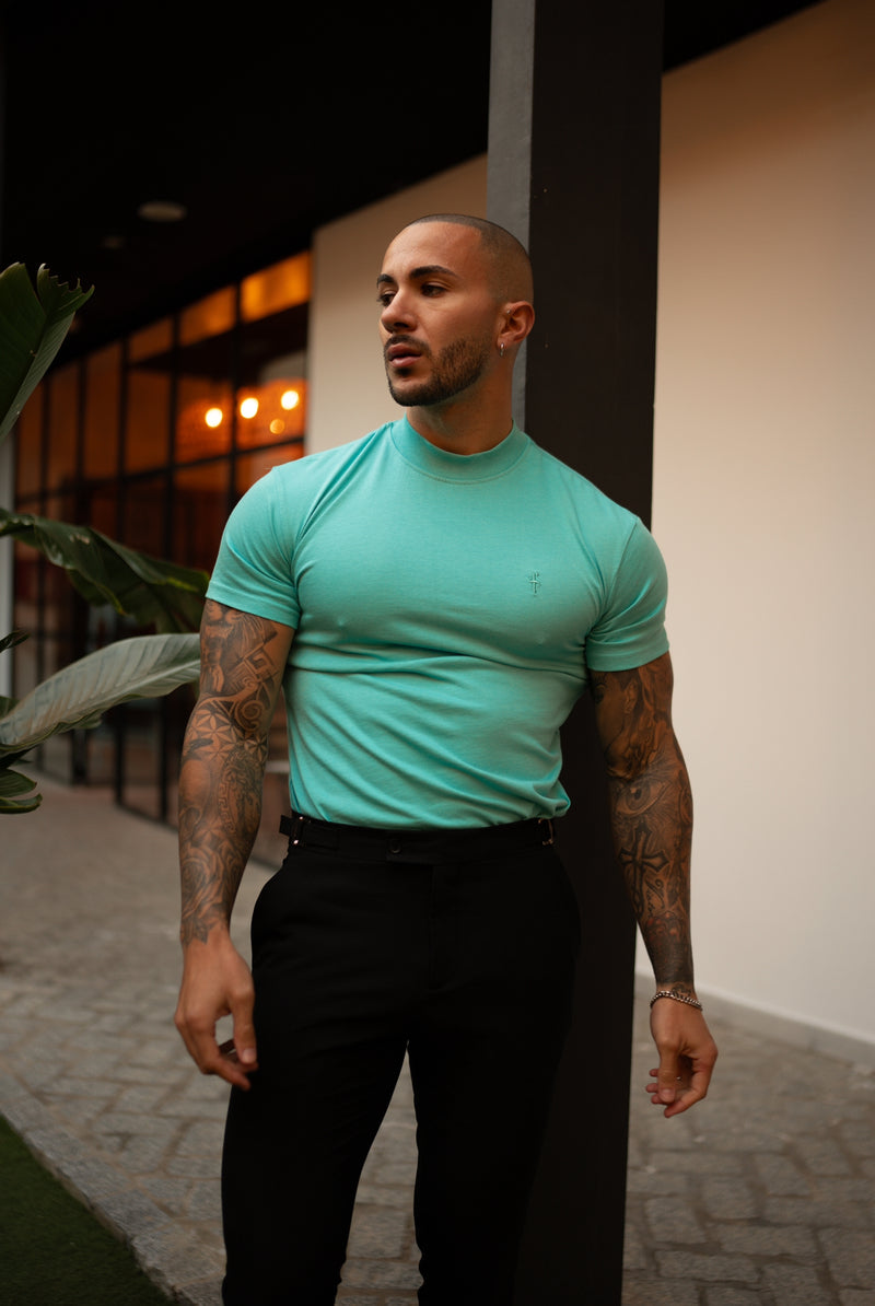 FS Geripptes High Neck Crew Kurzarm-Shirt Türkis - FSH1144