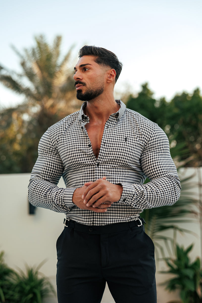 FS Super Slim Stretch Weiß / Schwarz Karo Langarm mit Knopfleiste - FS1069