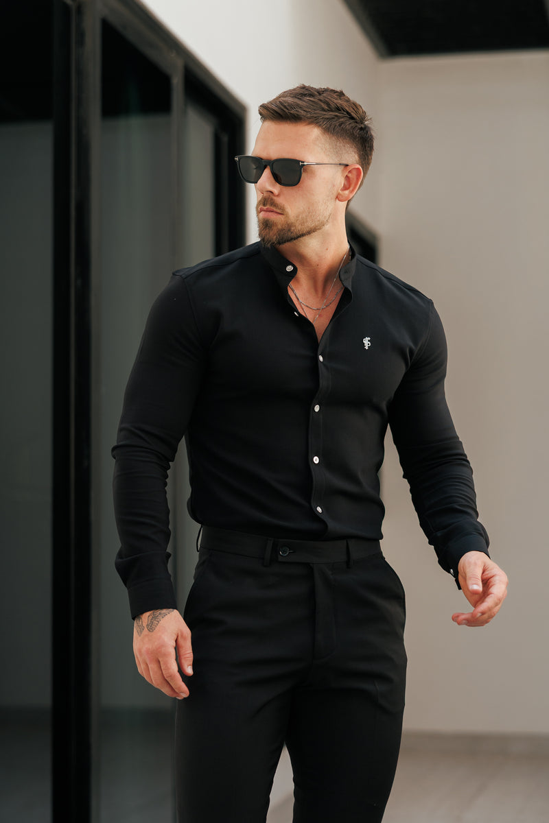 Vater-Söhne-Shirt, superschmal, Scuba, schwarz/silber, langärmlig, Stretch, mit Grandad-Kragen – FS1191