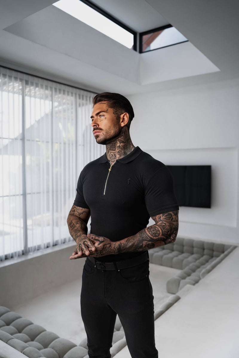 Father Sons klassisches schwarz-goldenes Poloshirt mit Reißverschluss – FSH239