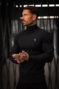 Father Sons Klassischer Rollkragenpullover aus geripptem Strick in Schwarz/Silber – FSH953