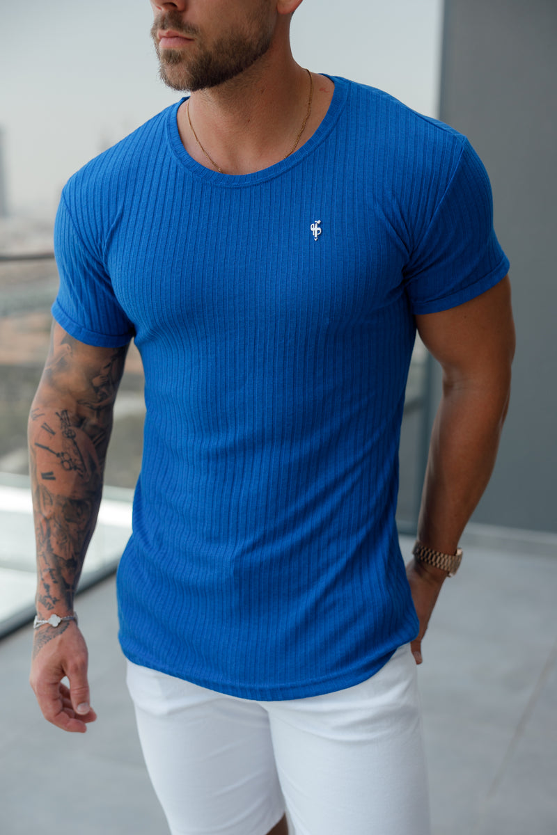 Father Sons – Klassisches, superschlankes, kurzärmliges Rippstrick-Shirt in Königsblau/Silber – FSH1091