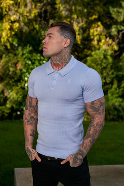 Father Sons Classic Pale Blue Knitted Polo Jumper Short Sleeve With Tonal FS Embroidery- FSN146