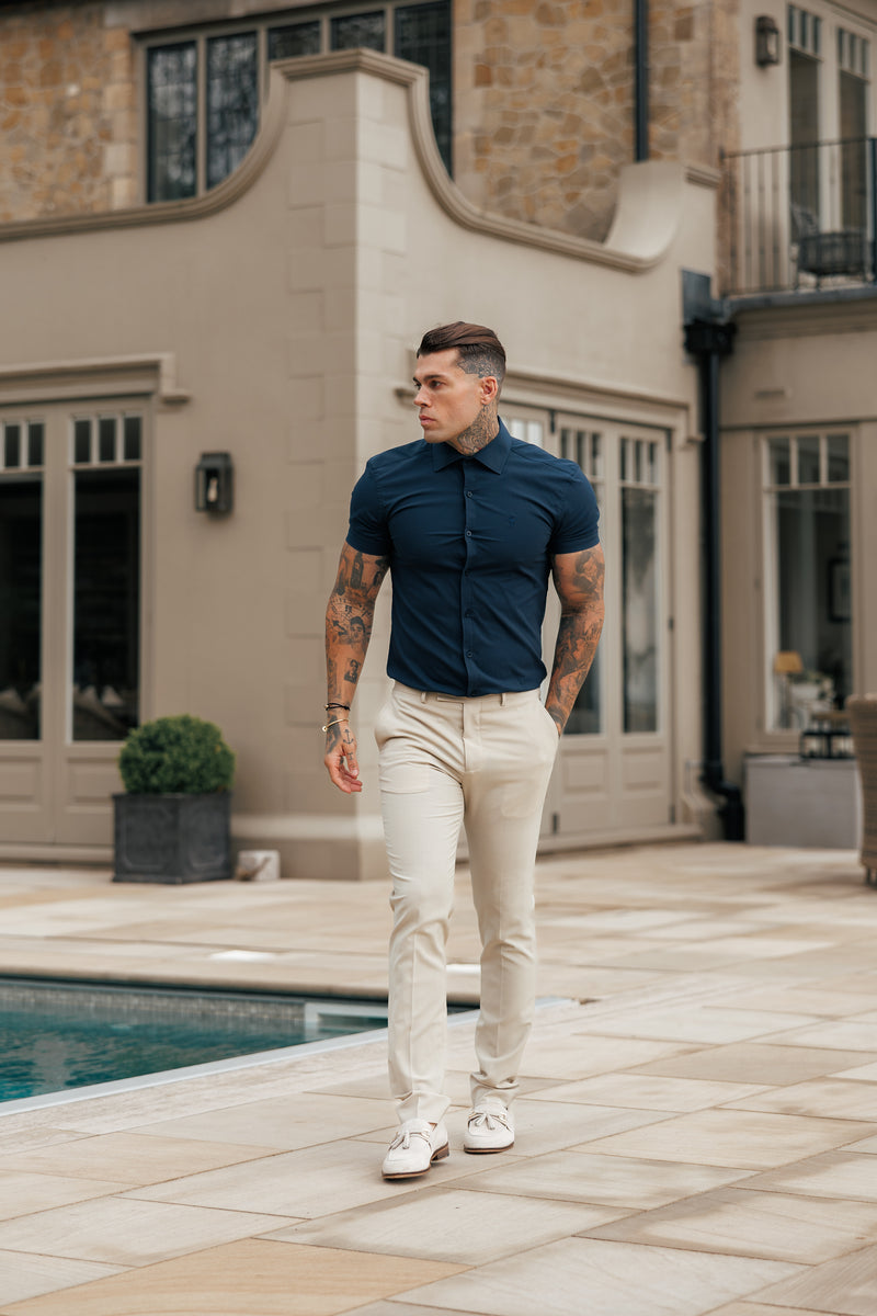 Vater-Söhne-Muscle-Fit Advanced Stretch Marineblau Kurzarm mit Cutaway-Kragen - FS1163