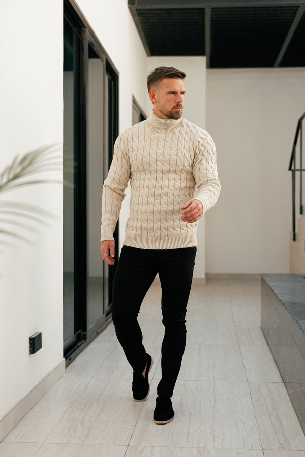 Beigefarbener Rollkragenpullover aus Link Weave-Strick von Father Sons – FSJ100 (VORBESTELLUNG 12. NOVEMBER)