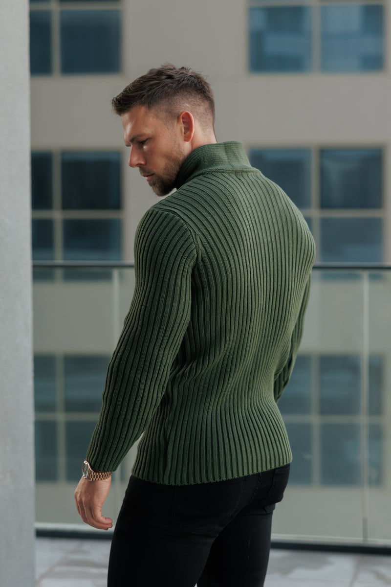 Grober Zopfmusterpullover in Olivgrün für Vater und Sohn – FSJ061