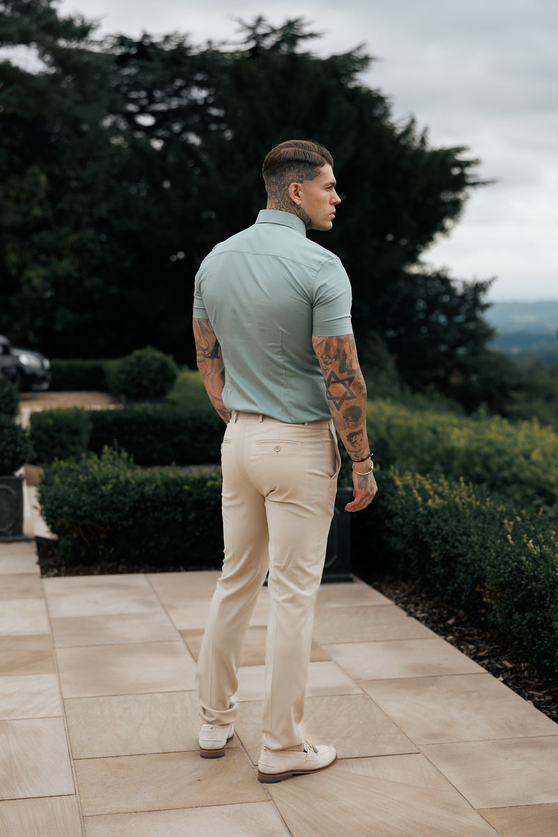 Vater-Söhne-Muscle-Fit-Shirt mit Advanced-Stretch, Khaki, kurzärmlig, mit Cutaway-Kragen – FS1204