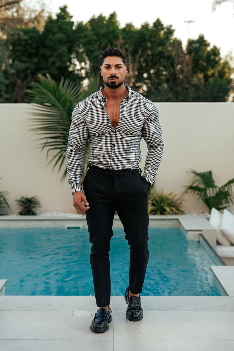 FS Super Slim Stretch Weiß / Schwarz Karo Langarm mit Knopfleiste - FS1069