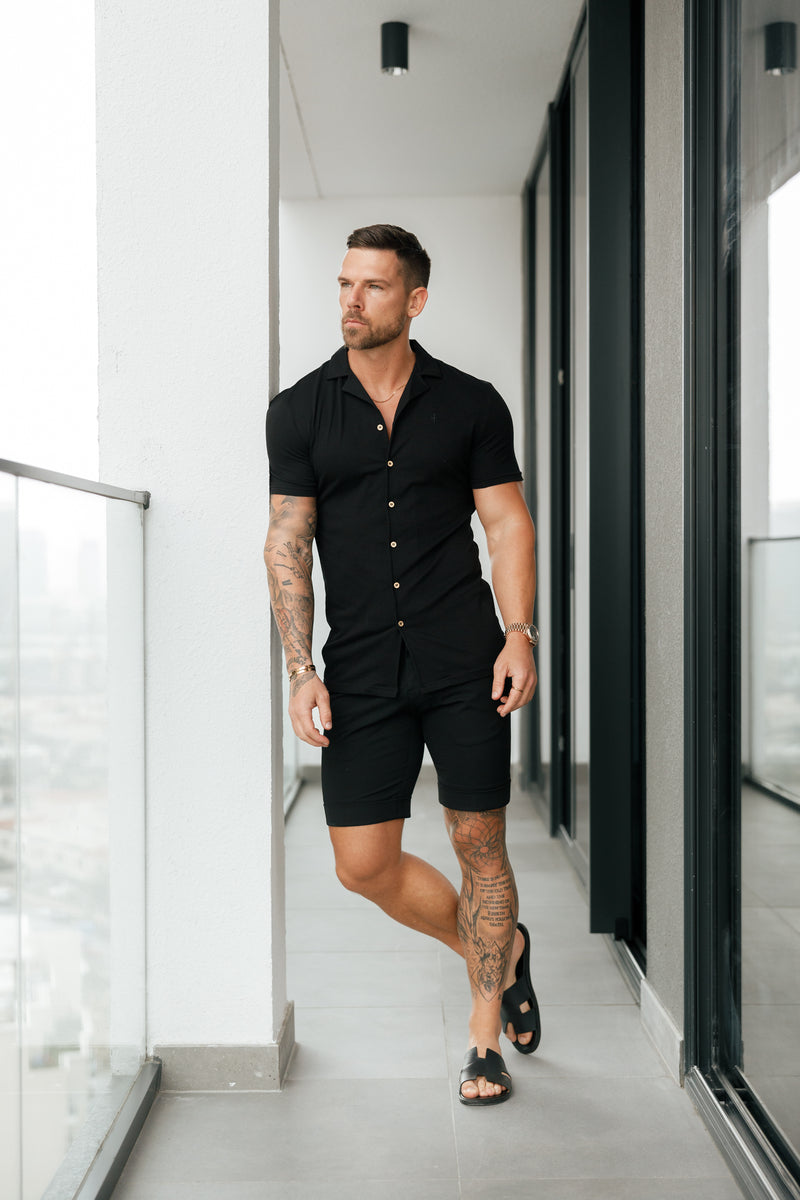 Vater-Söhne-Stretch-Piqué-Hemd mit Revers, kurzärmlig, Schwarz/Gold – FSH1068