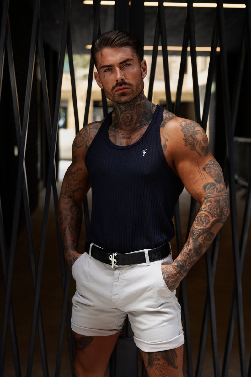 Klassische, superschmale Strickweste im Rippenmuster in Marineblau/Weiß von Father Sons – FSH1020