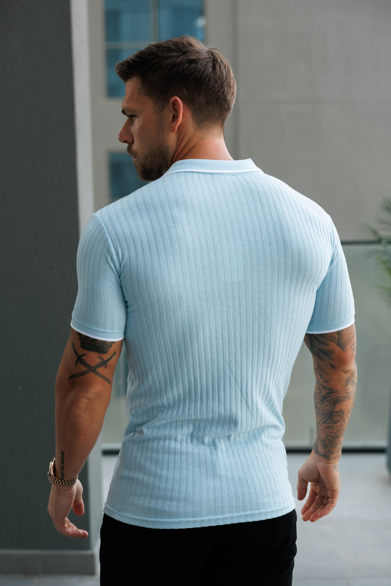 Father Sons klassisches puderblaues geripptes Poloshirt mit Reißverschluss und kontrastierenden kurzen Ärmeln – FSH1106 (VORBESTELLUNG 21. SEPTEMBER)