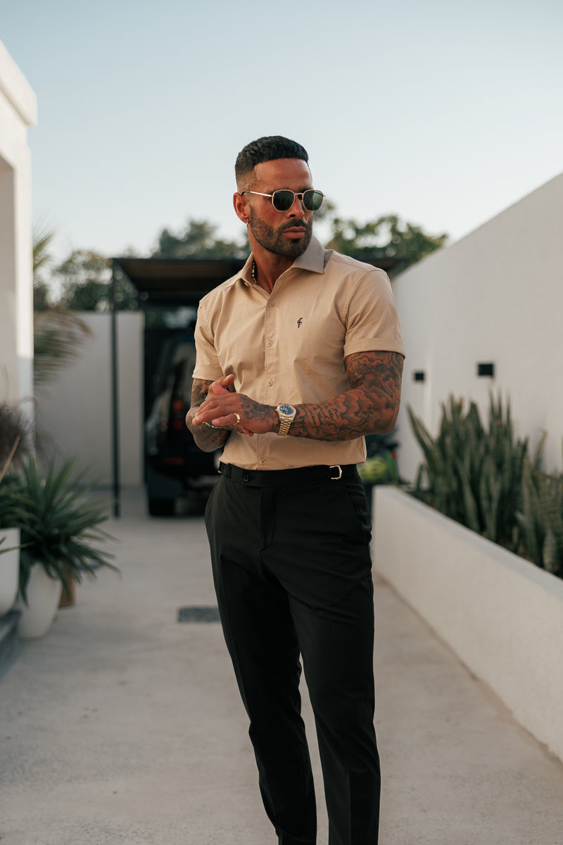 Father Sons Super Slim Stretch Beige Short Sleeve with Cutaway Collar  - FS1161