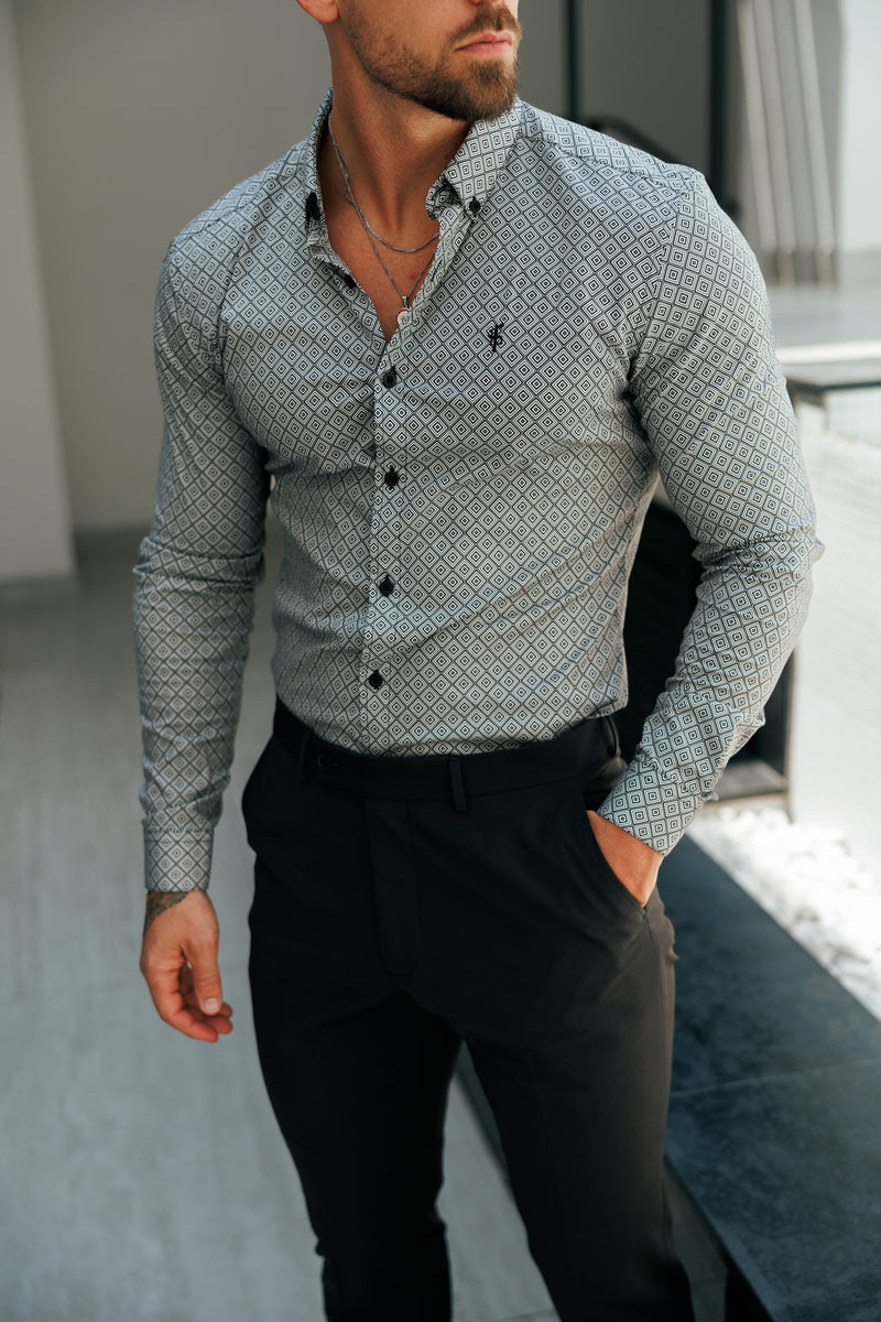 Vater-Söhne-Shirt, superschlank, dehnbar, schwarz/weiß, langärmlig, mit Rautenmuster und Button-Down-Kragen – FS1226