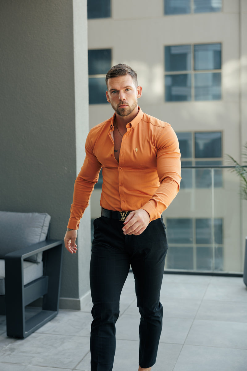 Father Sons Super Slim Stretch Orange Denim Langarm mit Button-Down-Kragen - FS1136