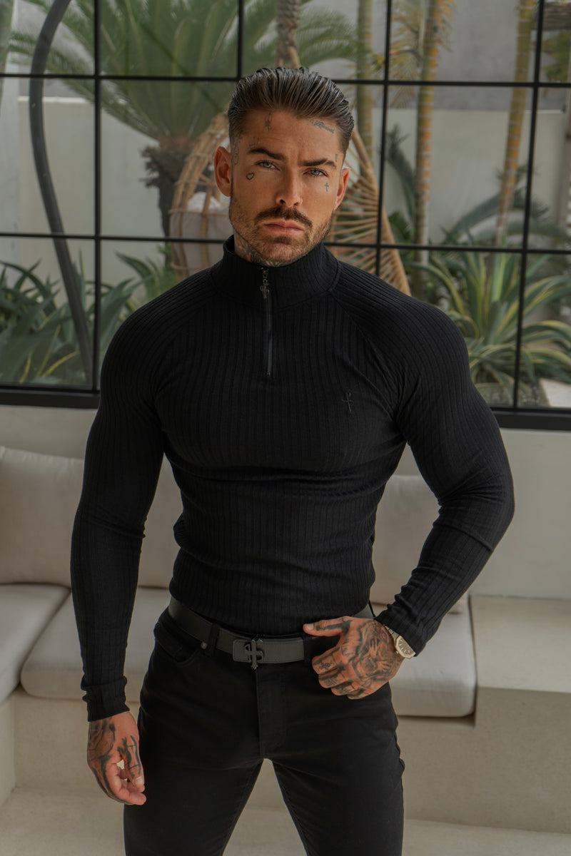 FS Classic Black Ribbed Zip Funnel Neck Raglan Long Sleeve Crew – FSH1265