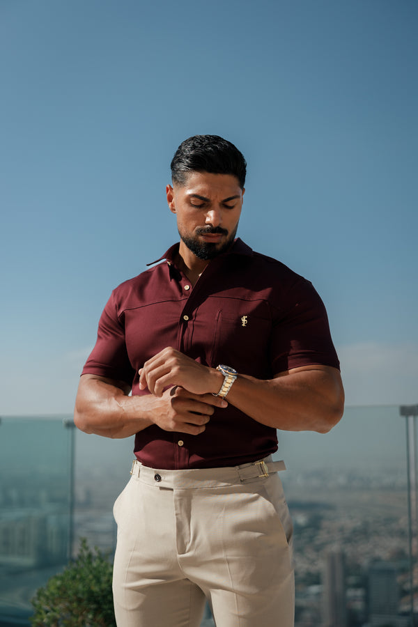 Father Sons Super Slim Stretch Burgundy Denim Short Sleeve with Horizontal Seam and Pocket- FS961