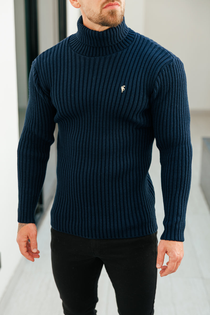 Marineblauer Rollkragenpullover aus Rippstrick für Vater und Sohn – FSJ115 (VORBESTELLUNG 12. NOVEMBER)