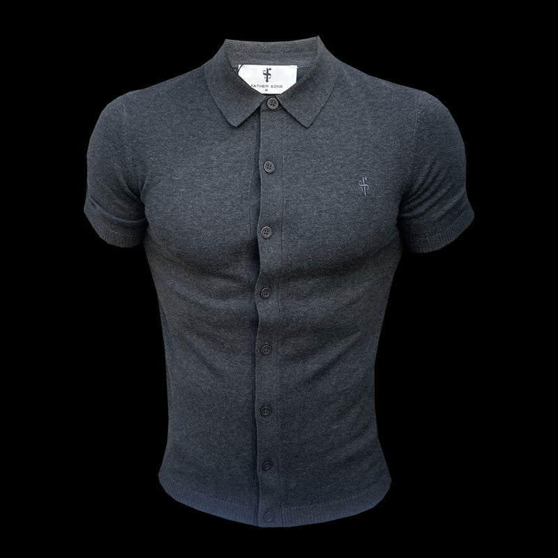 Father Sons klassisches, schlichtes, anthrazitfarbenes Strick-Poloshirt mit Knopfleiste und kurzen Ärmeln – FSN160