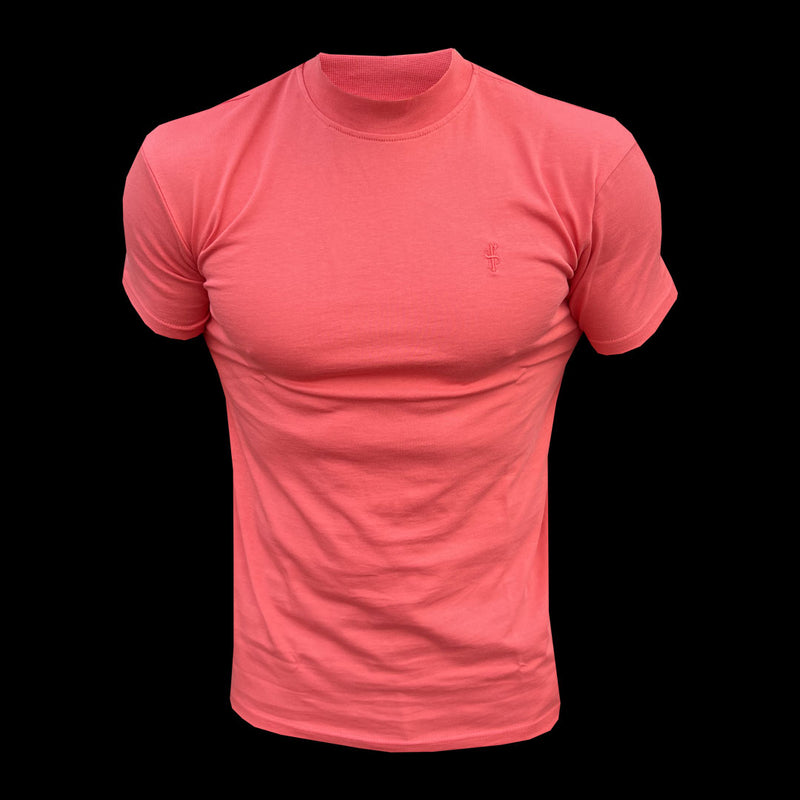FS Geripptes Stehkragen-Shirt mit Rundhalsausschnitt und kurzen Ärmeln, Koralle – FSH1143