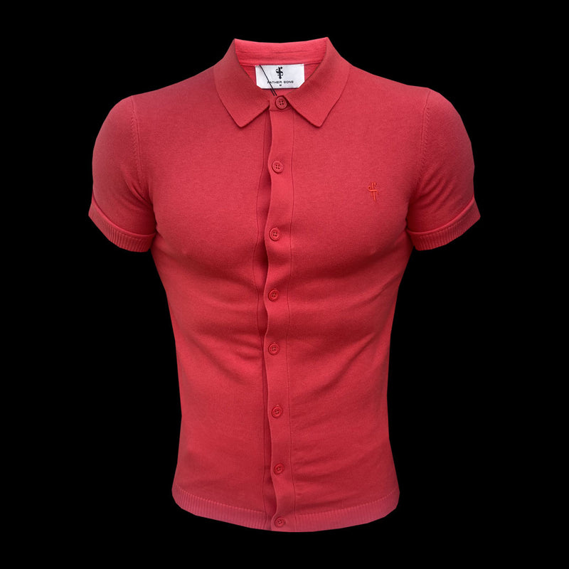 Father Sons klassisches, schlichtes, korallenfarbenes Strick-Poloshirt mit Knopfleiste und kurzen Ärmeln – FSN164
