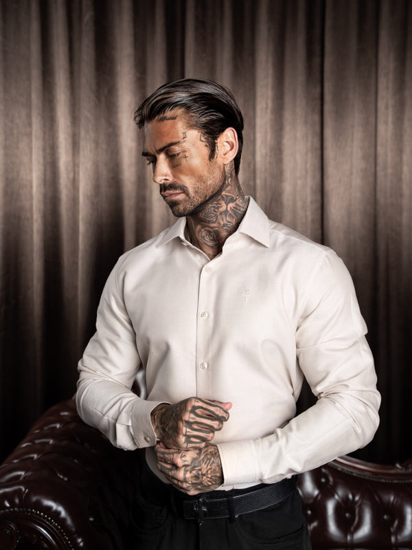 Klassisches Langarmshirt „Father Sons Classic Oxford Touch“ in Beige mit Cutaway-Kragen – FS1175