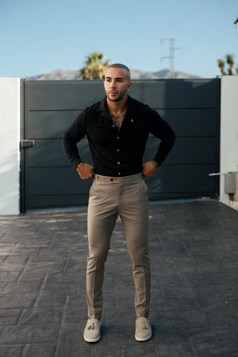 Vater-Sohn-Stretch-Langarmhemd mit Revers, schwarz, Piqué - FSH1207