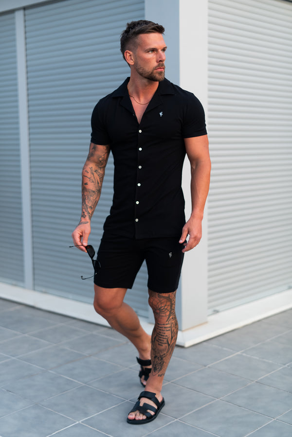 Vater-Söhne-Stretch-Piqué-Hemd mit Revers, kurzärmlig, Schwarz/Silber – FSH1355