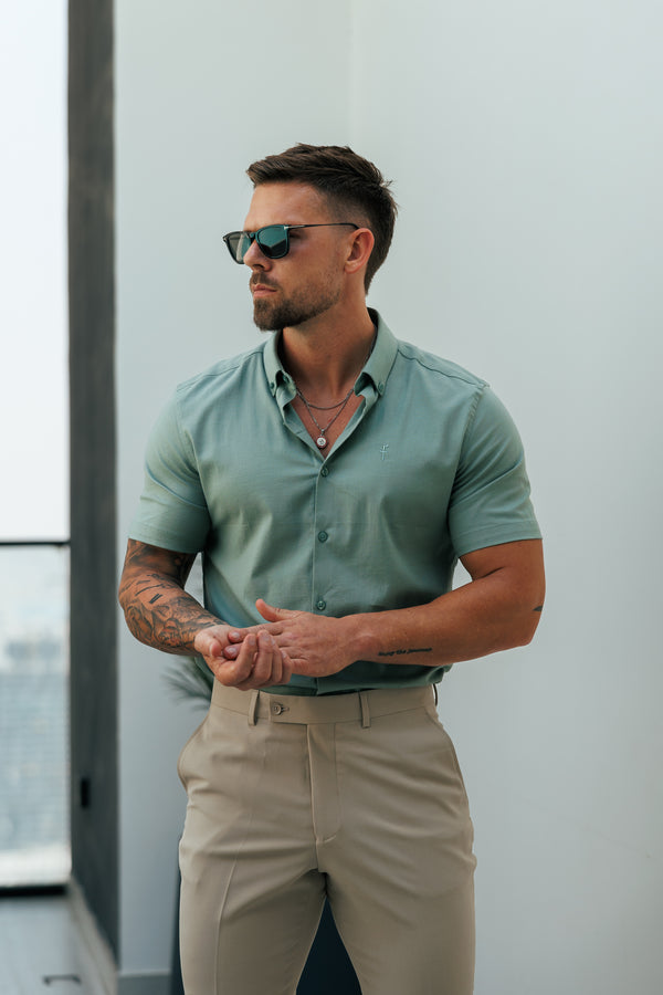 Father Sons Classic Stretch Oxford Short Sleeve Smoke Green with Button Down Collar - FS1211