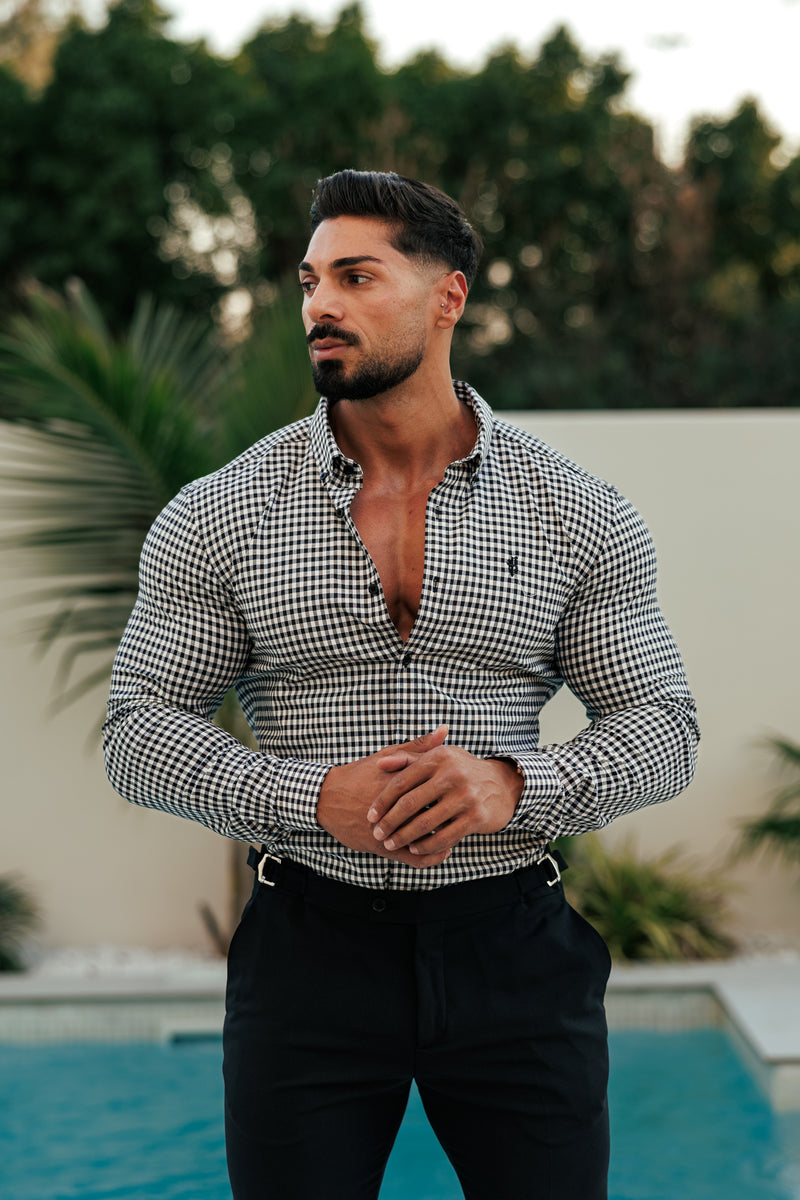 FS Super Slim Stretch Weiß / Schwarz Karo Langarm mit Knopfleiste - FS1069