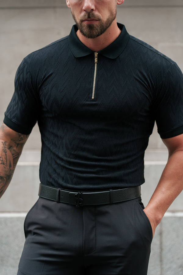 Father Sons Classic Jacquard Black Chevron Zipped Polo - FSR019